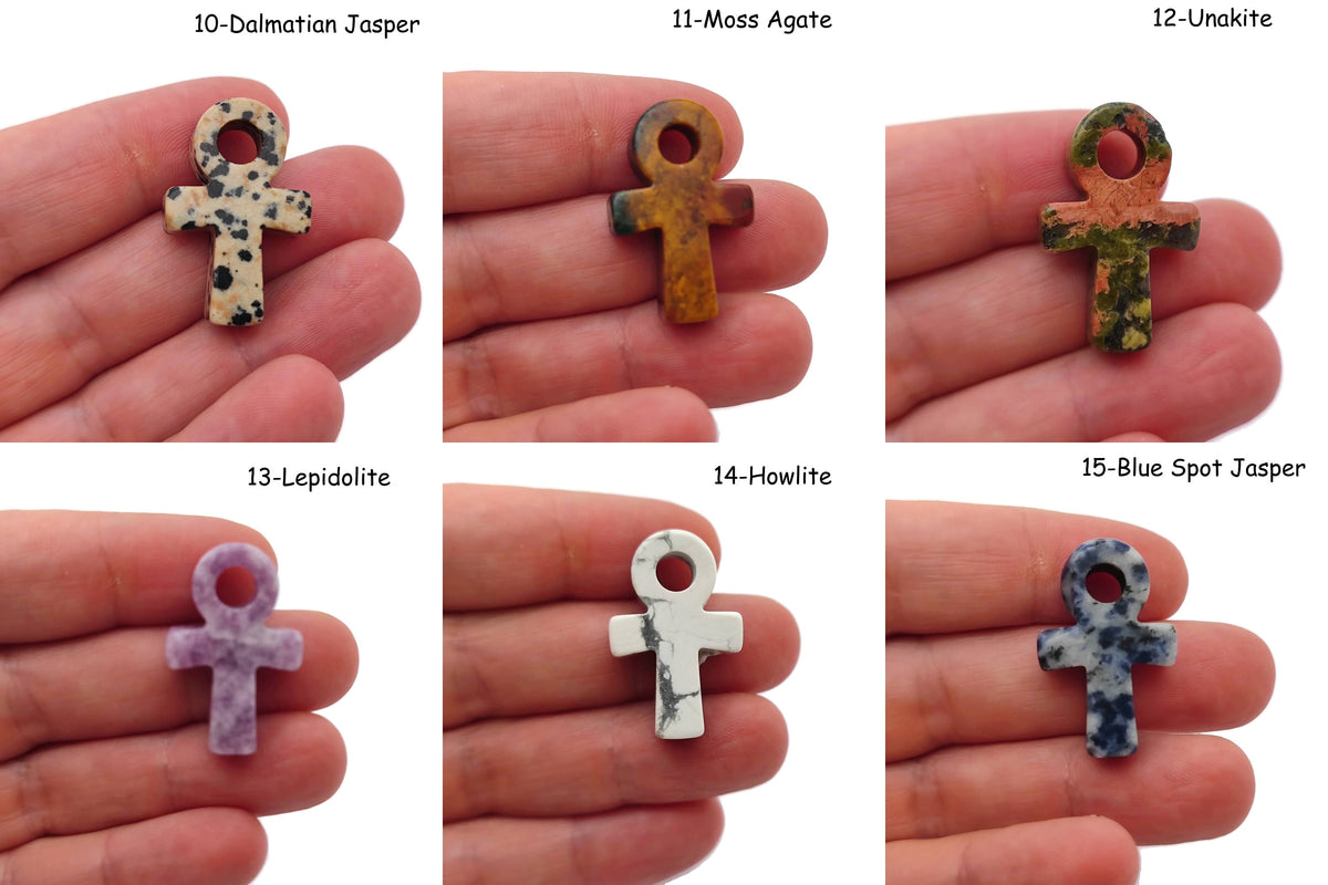 Handmade mini crystal Ankh carvings by GemstoneGO featuring colorful Anka totems on a neutral background.