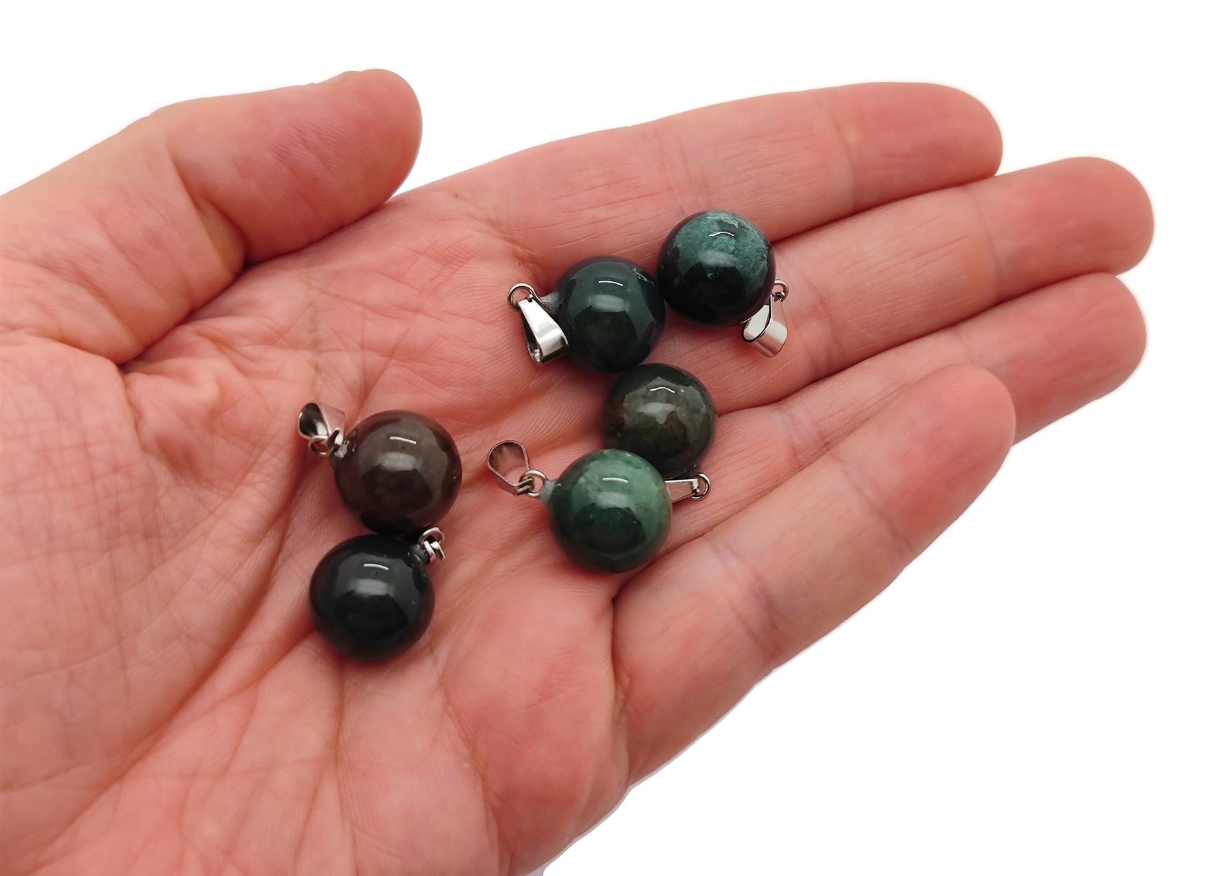 Moss agate crystal ball pendant with natural green and brown patterns, suitable for jewelry making, by GemstoneGO.