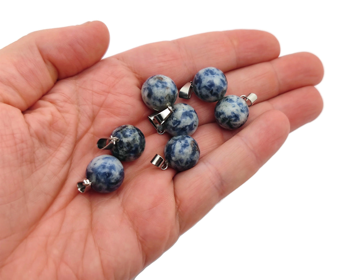 Blue Spot Jasper ball crystal pendant, round gemstone jewelry making accessory with natural blue and white spots.