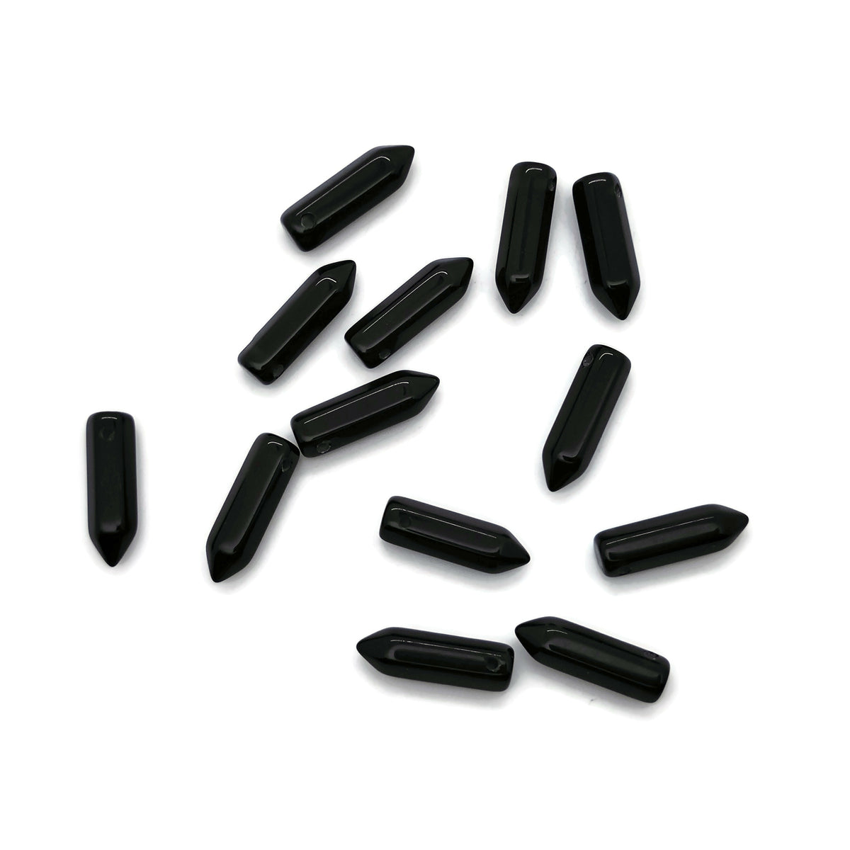 Drilled obsidian point crystal pendant from GemstoneGO, showcasing a sleek black natural gemstone with a hole for jewelry making.