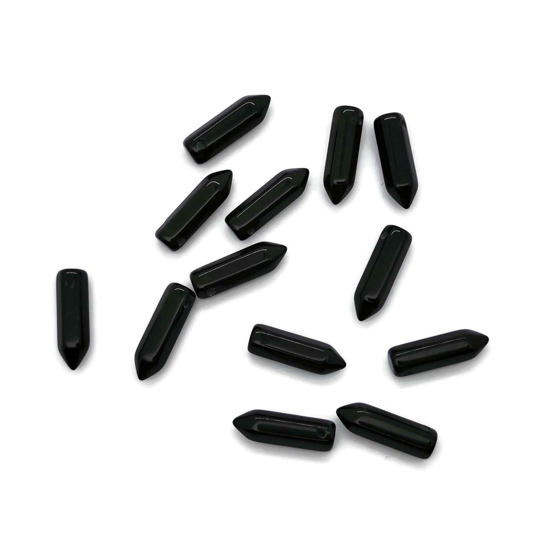 Drilled obsidian point crystal pendant from GemstoneGO, showcasing a sleek black natural gemstone with a hole for jewelry making.