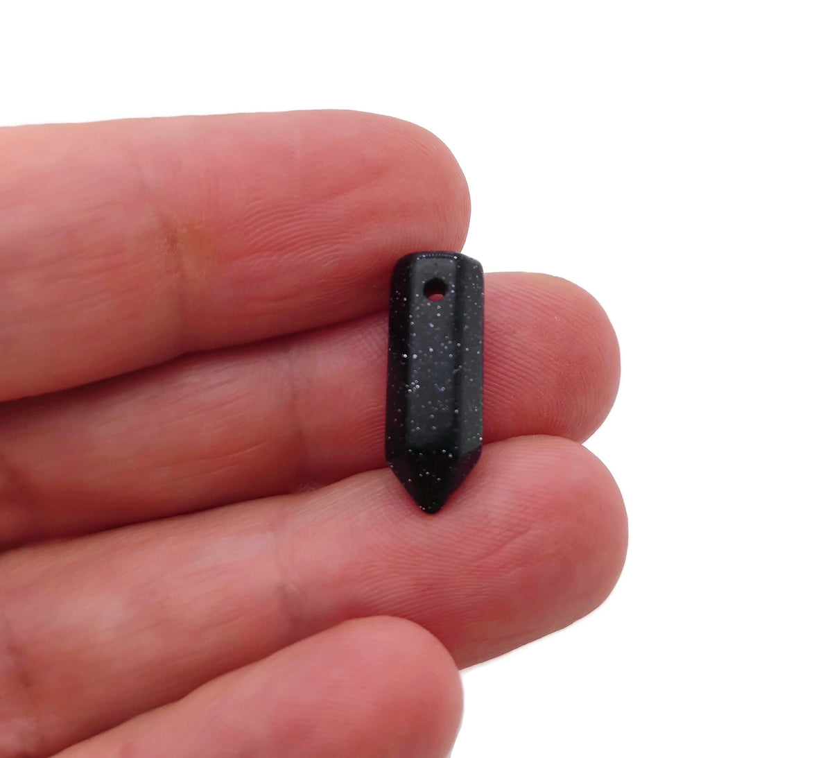 Blue Goldstone crystal pendant with drilled point and hole, showcasing shimmering blue and gold flecks, from GemstoneGO.