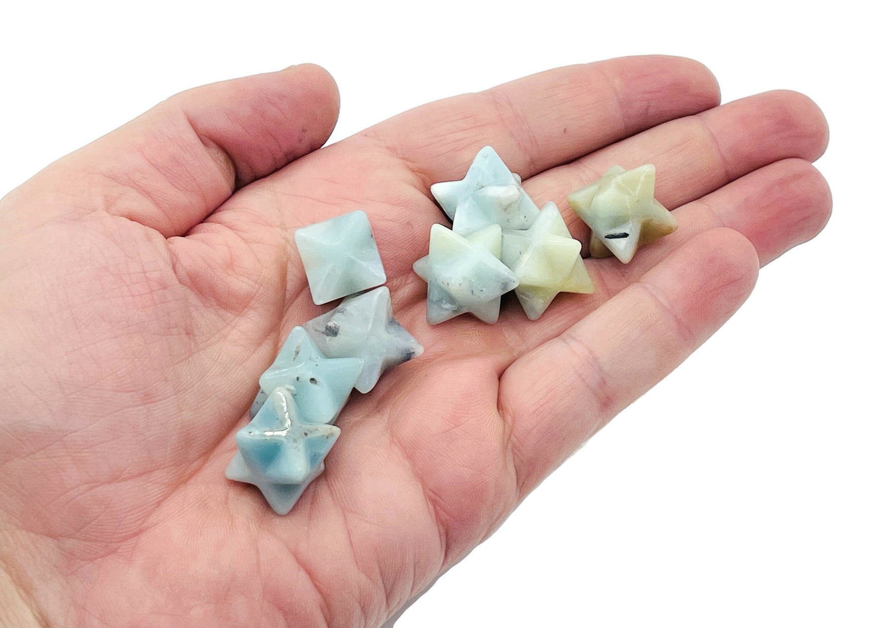 Amazonite Merkaba star crystal for Reiki healing, 13mm gemstone with intricate star shape from GemstoneGO.