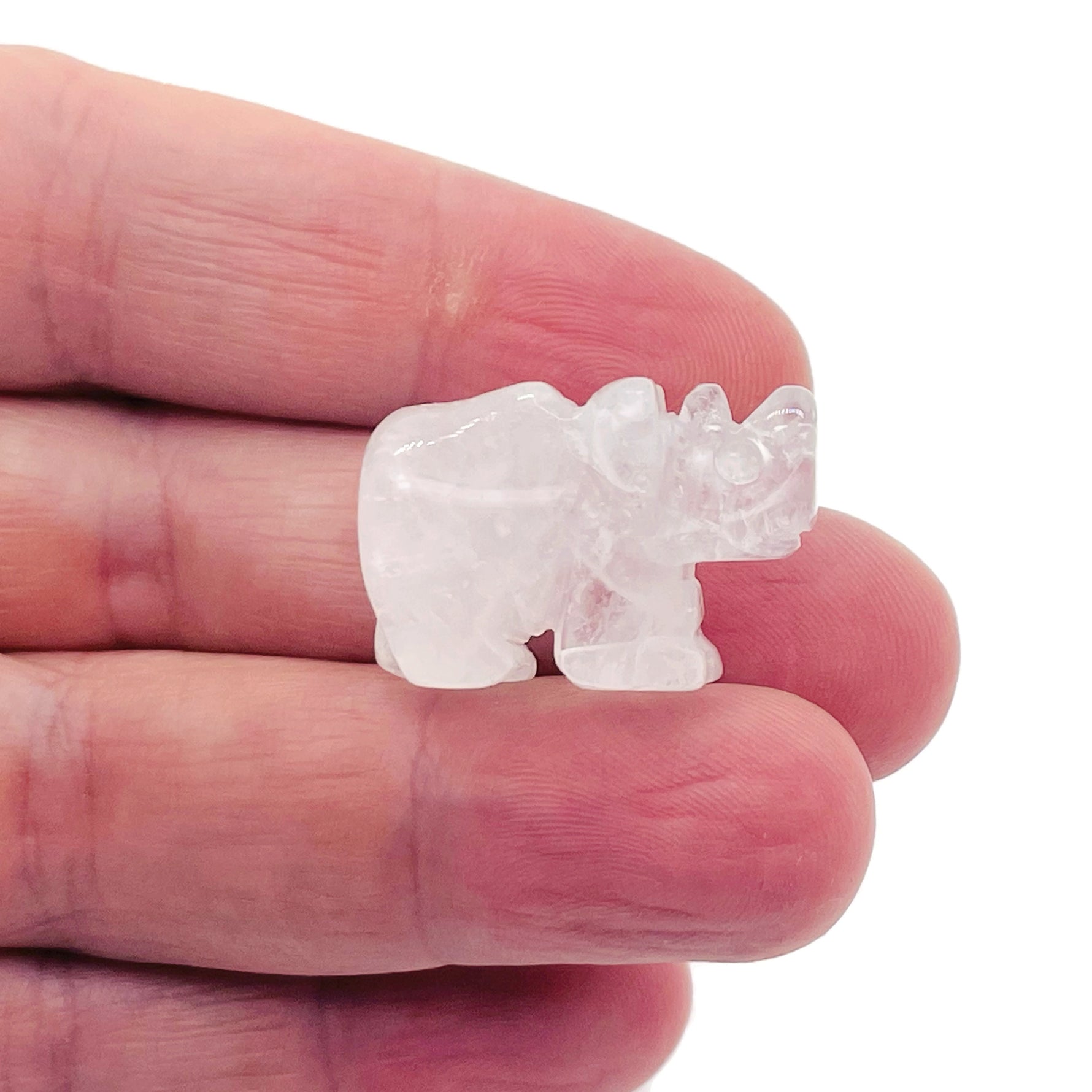 Handmade 30mm carved crystal rhino figurine by GemstoneGO, showcasing detailed craftsmanship and vibrant gemstone colors.