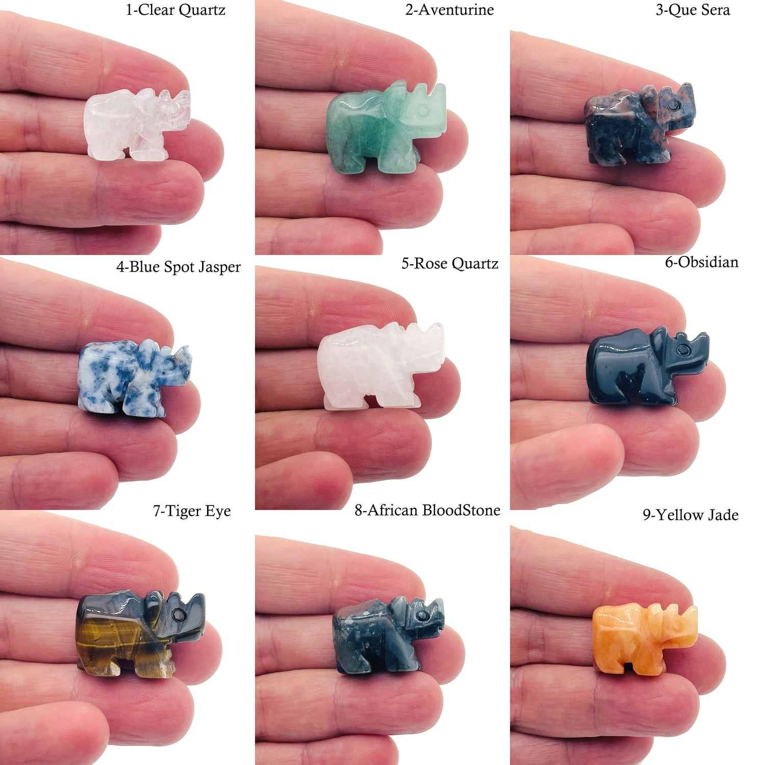 Handmade 30mm crystal rhino animal figure by GemstoneGO, carved gemstone sculpture with intricate details on a neutral background.