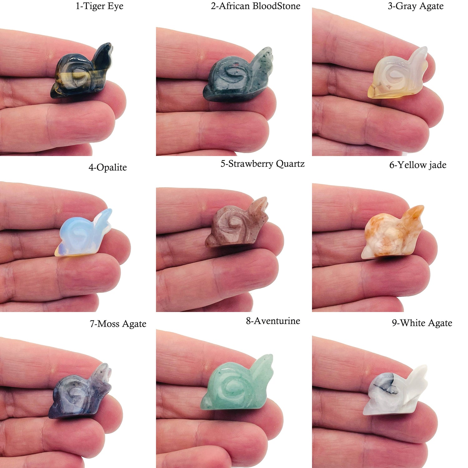 Handmade 30mm crystal snail animal figure by GemstoneGO, carved from colorful gemstones, featuring intricate details and a polished finish.