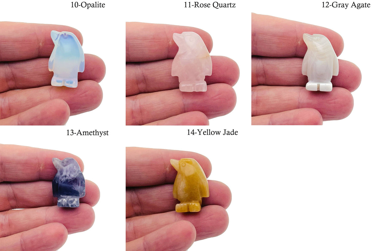 Handmade carved crystal penguin animal figure, 30mm, colorful gemstone design, detailed craftsmanship by GemstoneGO.