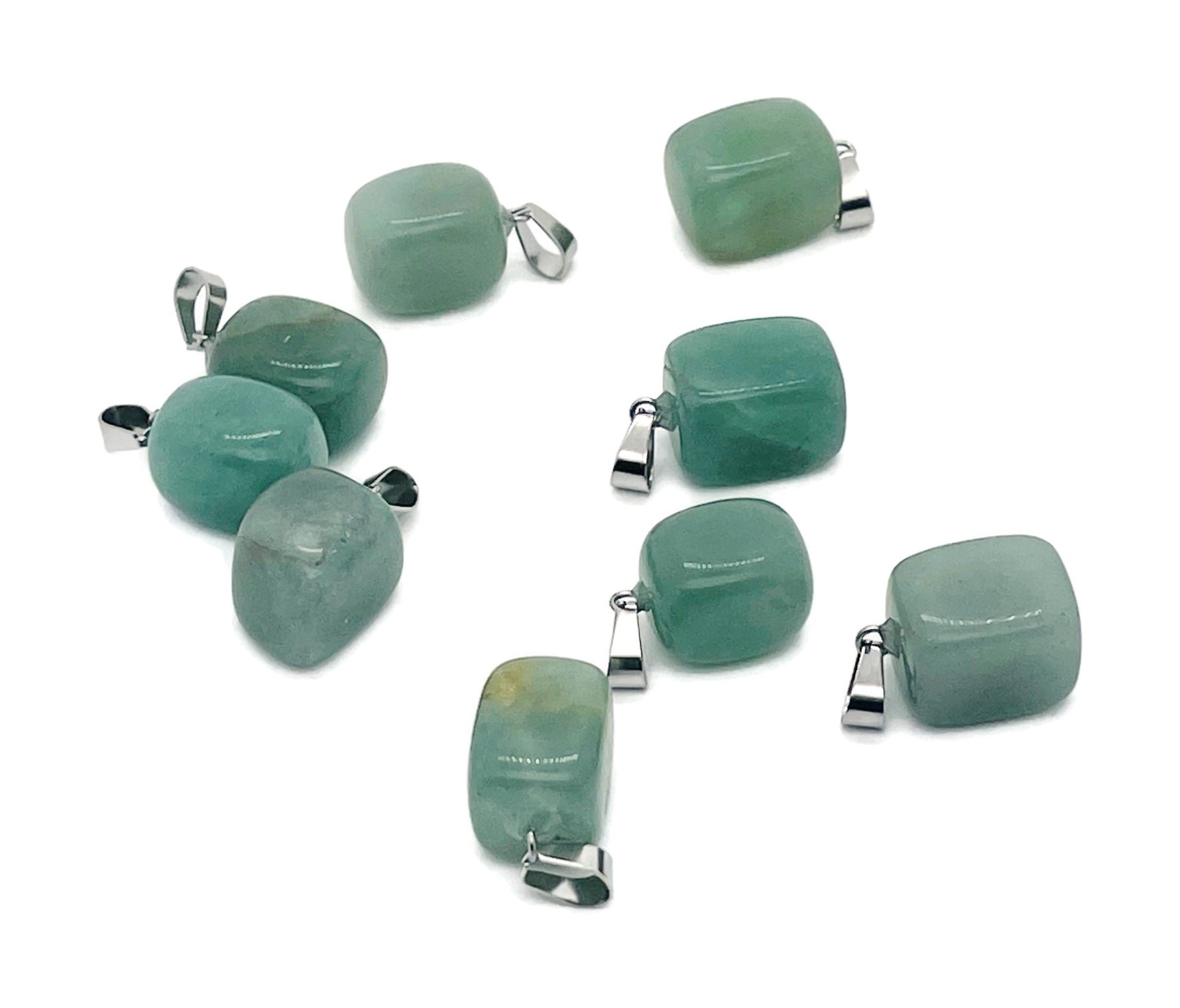 Aventurine tumbled gemstone pendant from GemstoneGO, smooth polished green stone with natural variations, on a neutral background.