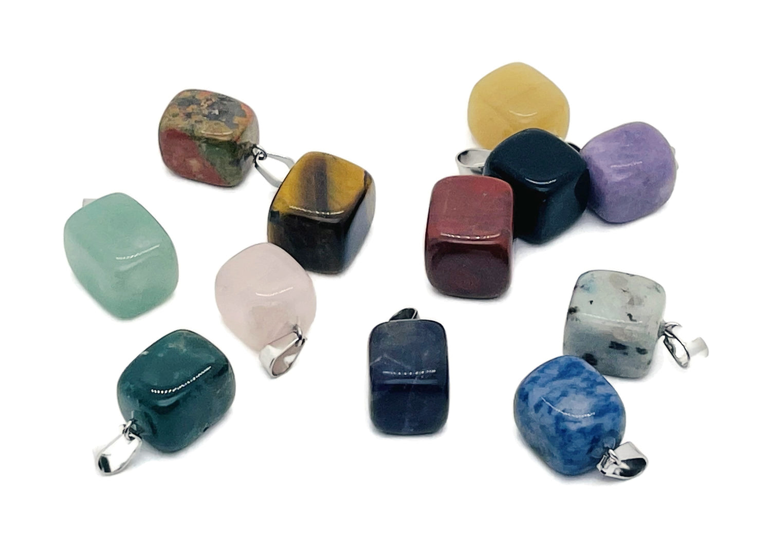 Tumbled gemstone pendant featuring a love stone design from GemstoneGO, showcasing a colorful crystal pendant on a simple chain.