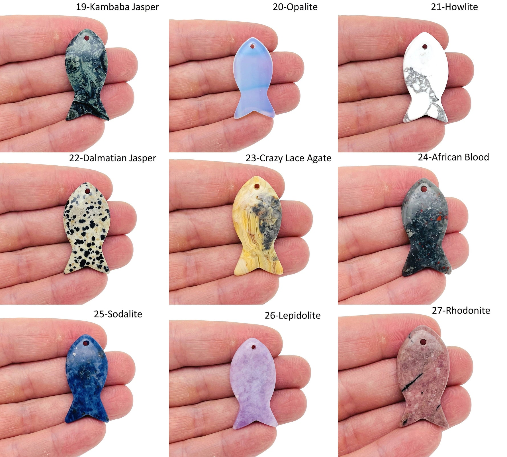 Polished Pisces zodiac fish gemstone pendant with crystal hole, Reiki healing, in assorted colors, from GemstoneGO.