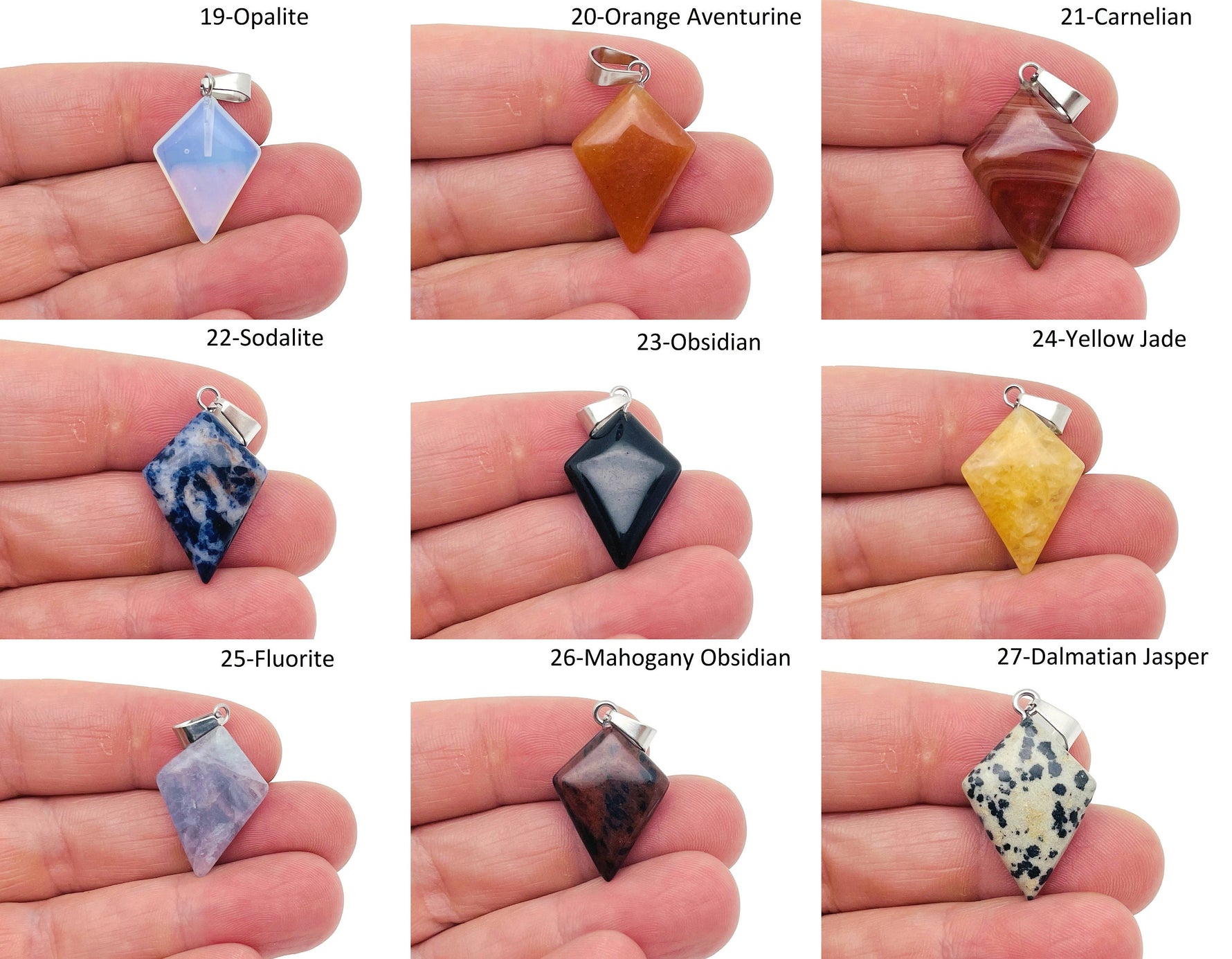 Triangle gemstone pendant by GemstoneGO featuring a geometric design with colorful mixed gemstones.