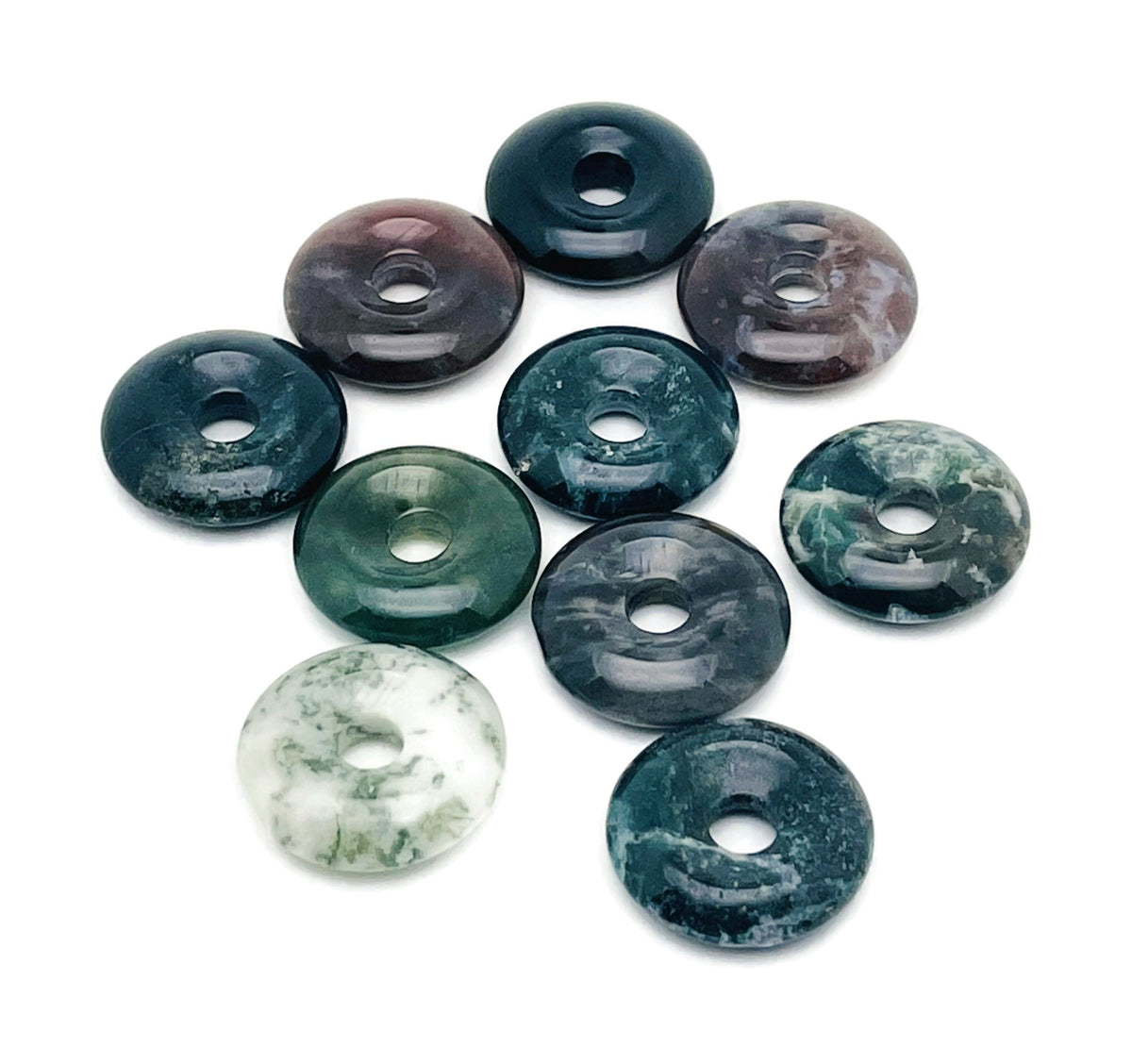 Moss Agate crystal donut pendant, 20mm Pi stone with green and brown moss patterns, from GemstoneGO.
