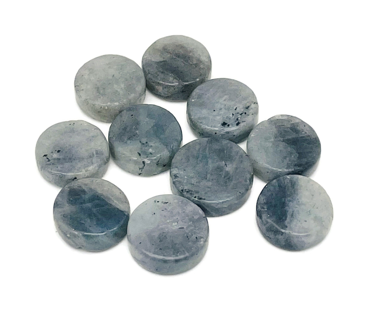 Round Labradorite flat gemstone slab from GemstoneGO showing iridescent blue and green flashes on polished surface.