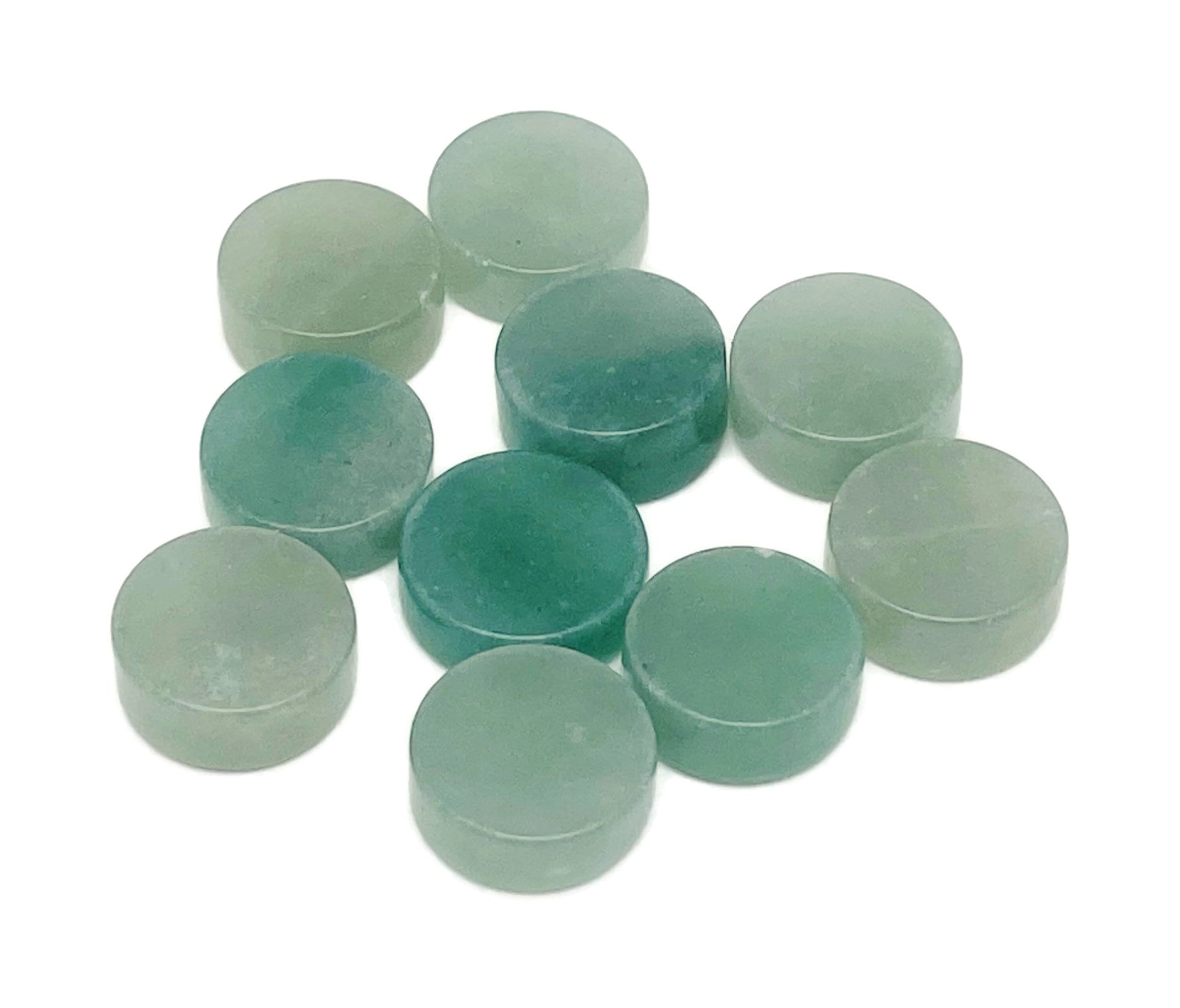 Round aventurine flat gemstone slab from GemstoneGO, showcasing smooth green crystal with natural stone patterns.
