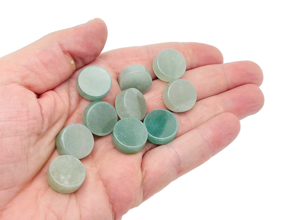 Round aventurine flat gemstone slab from GemstoneGO, showcasing smooth green crystal with natural stone patterns.