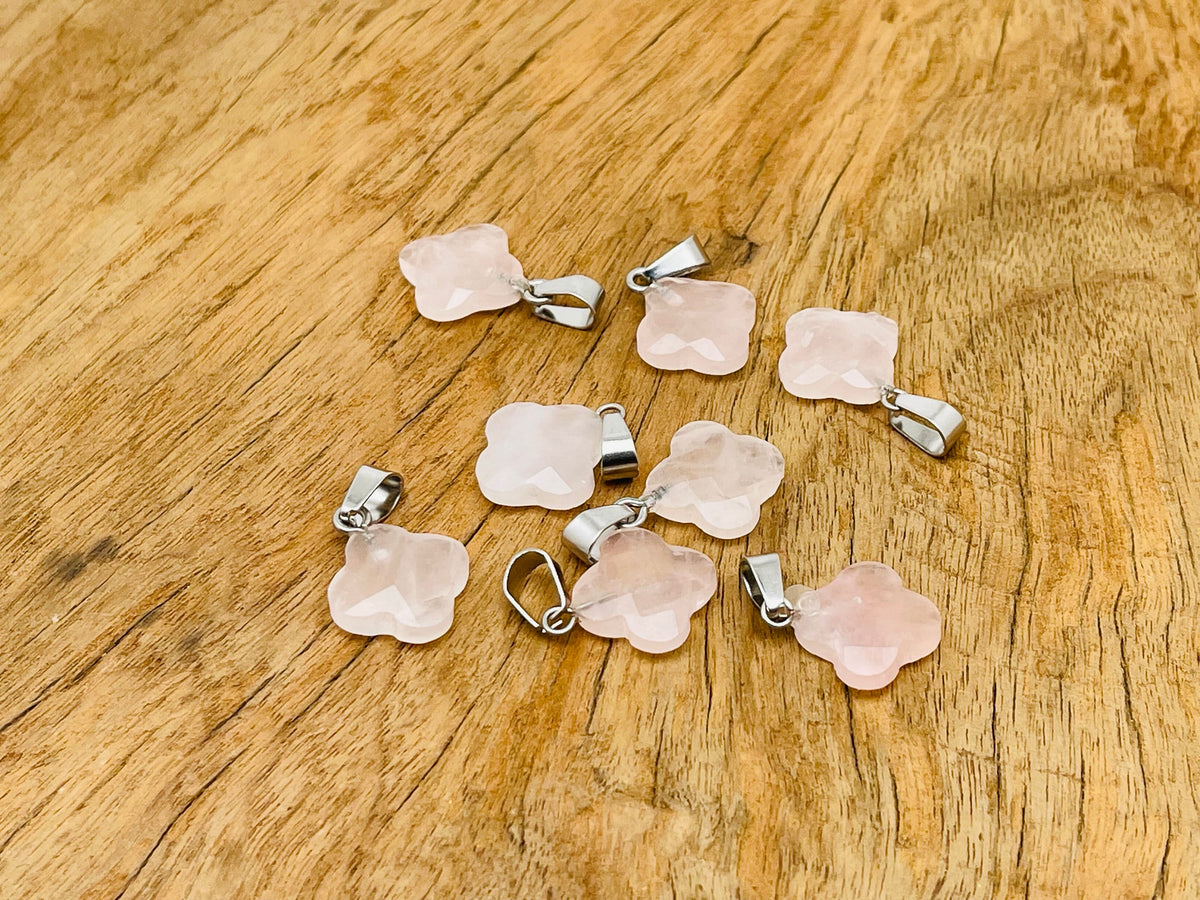 Rose Quartz four-leaf clover crystal pendant for DIY jewelry making by GemstoneGO, featuring a pink gemstone charm.