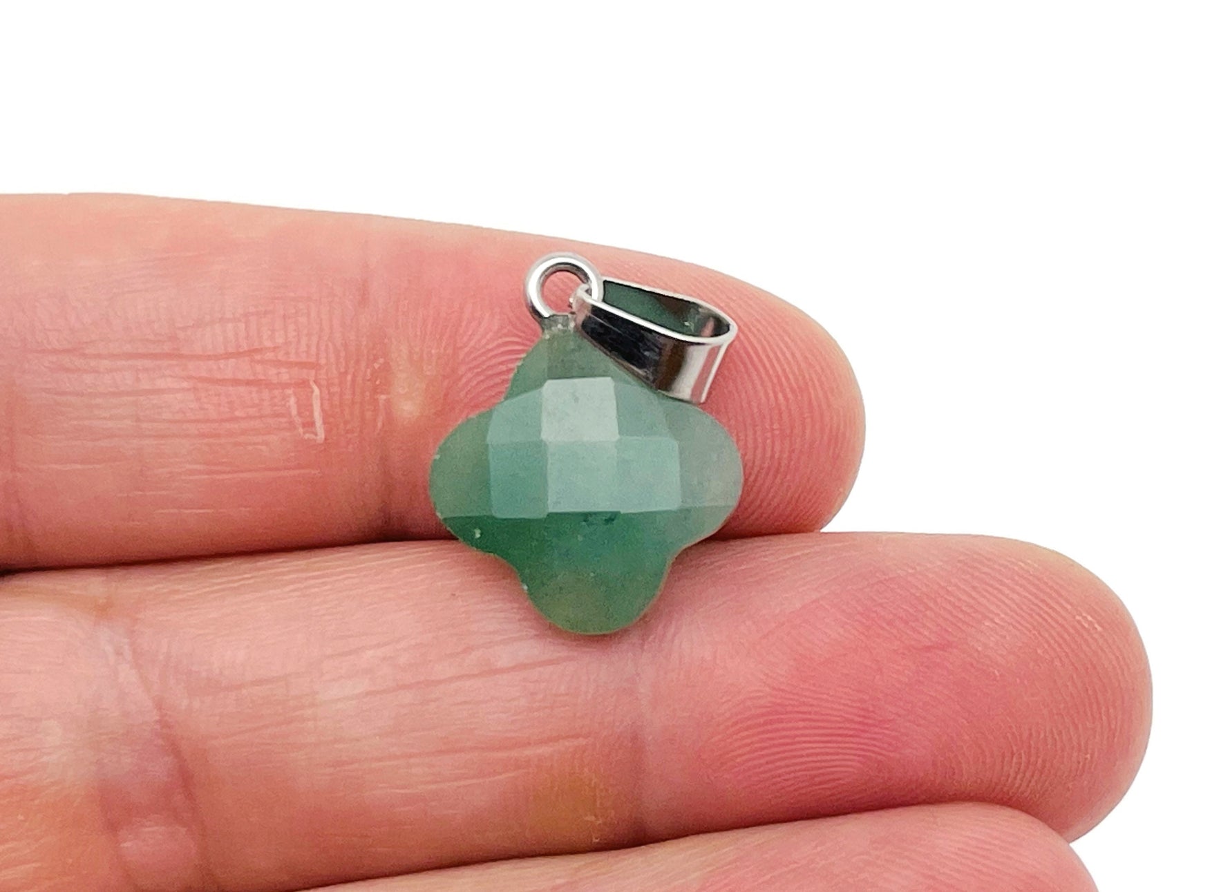 Aventurine four-leaf clover crystal pendant from GemstoneGO, perfect for DIY jewelry making, featuring green aventurine gemstone.