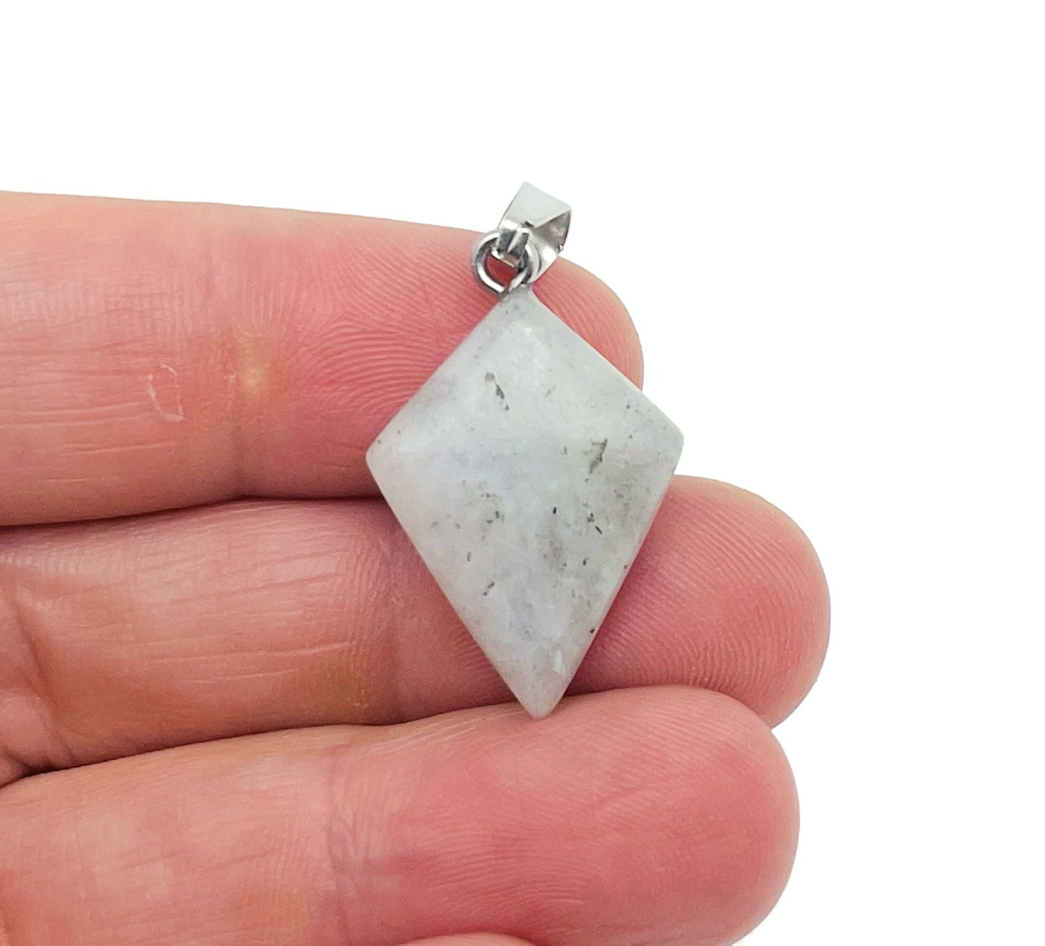 Labradorite triangle gemstone pendant with geometric design, showcasing iridescent colors and polished finish.