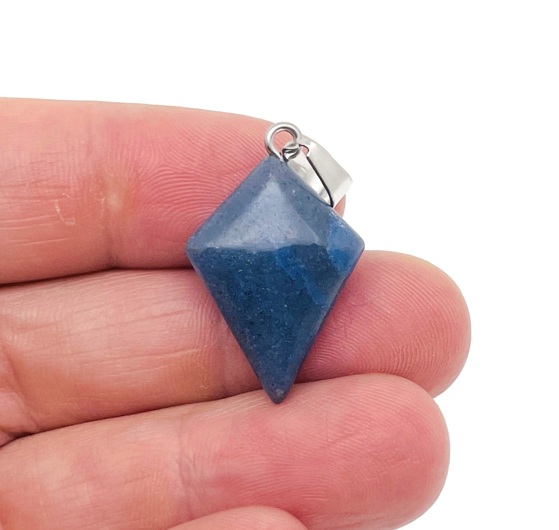 Blue aventurine pyramid gemstone pendant from GemstoneGO, showcasing a natural blue mineral with a smooth, polished pyramid shape.
