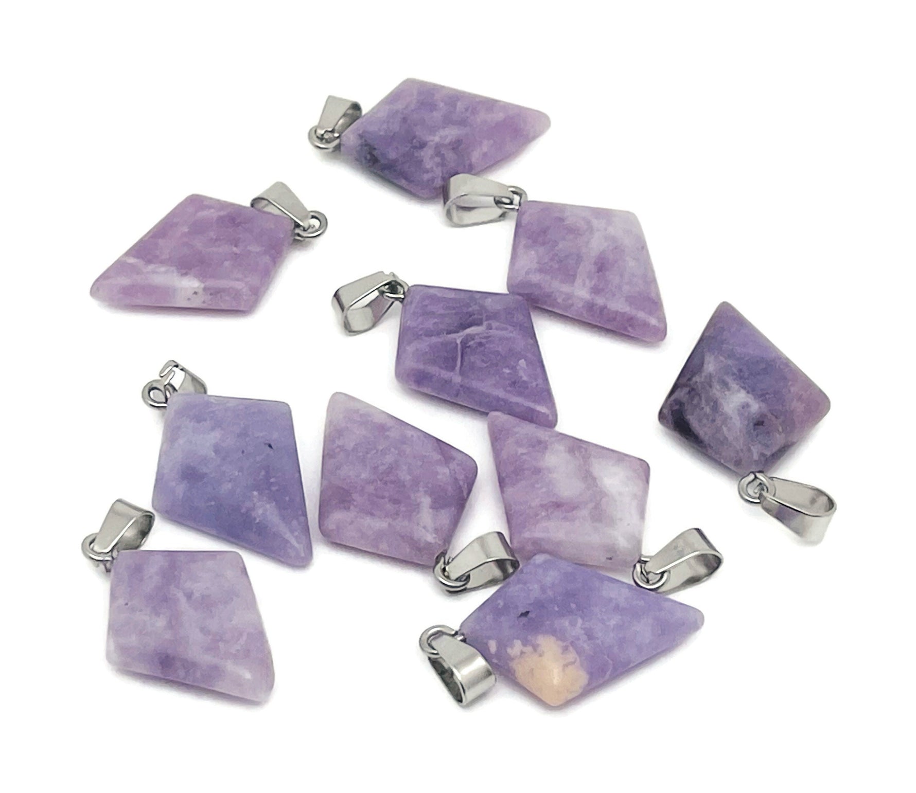 Lepidolite triangle gemstone pendant from GemstoneGO, showcasing a geometric design with purple and pink hues.