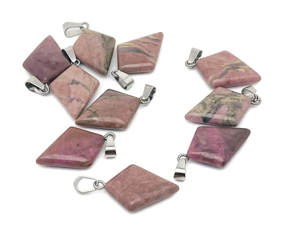 Rhodonite triangle gemstone pendant with geometric design, showcasing vibrant pink and black patterns, by GemstoneGO.