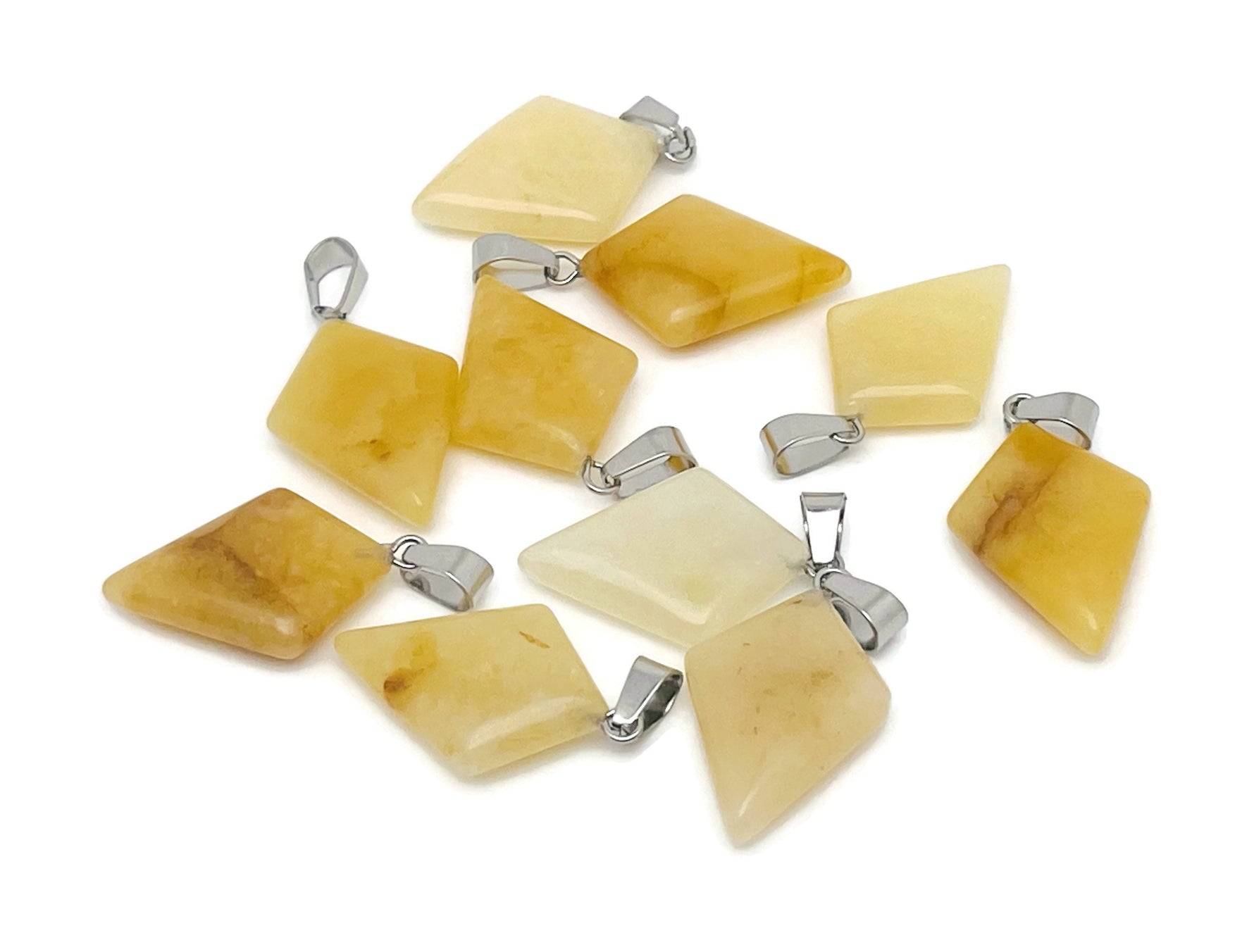 Yellow jade triangle gemstone pendant with geometric design, featuring a polished yellow jade stone on a silver chain.