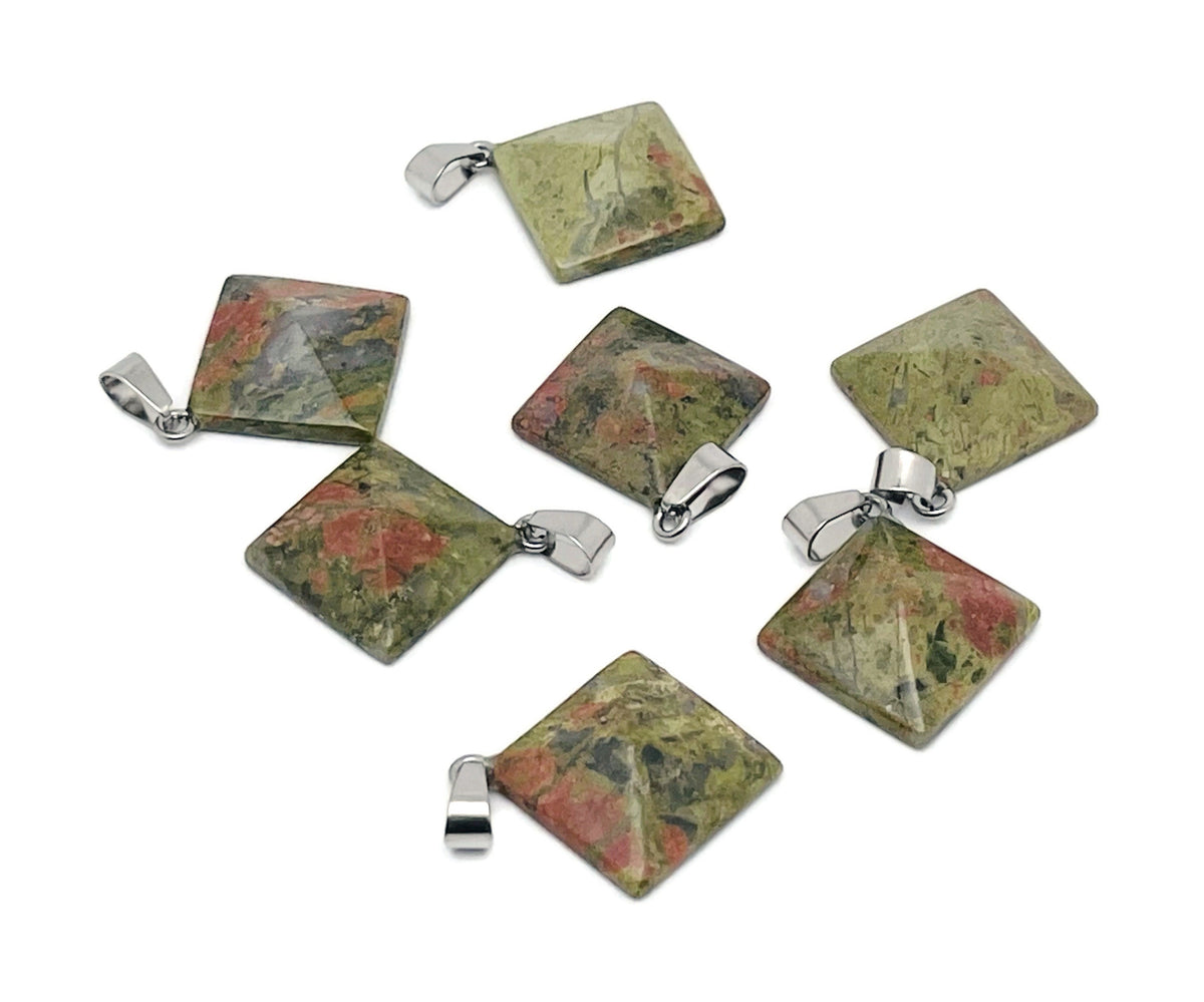 Unakite pyramid-shaped gemstone pendant from GemstoneGO, showcasing natural green and pink mineral colors in a jewelry piece.