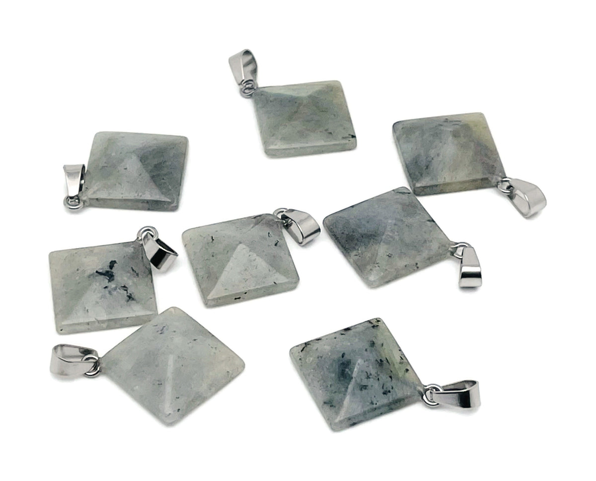 Labradorite pyramid gemstone pendant from GemstoneGO showcasing a natural, polished labradorite stone with iridescent flashes.
