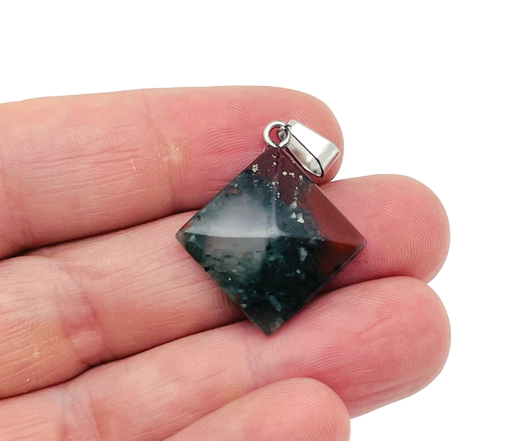 African Bloodstone pyramid gemstone pendant featuring a natural bloodstone gemstone in a pyramid shape, jewelry piece by GemstoneGO