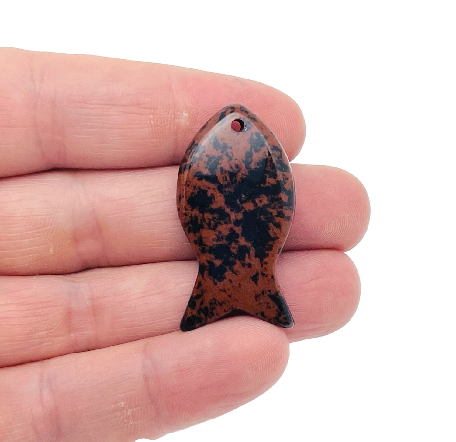 Mahogany Obsidian Fish Gemstone Pendant - Pisces Zodiac Hole Crystal - NC1393