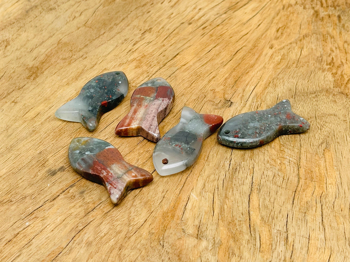 African Bloodstone Fish gemstone pendant featuring a Pisces zodiac design with a hole crystal, crafted by GemstoneGO.