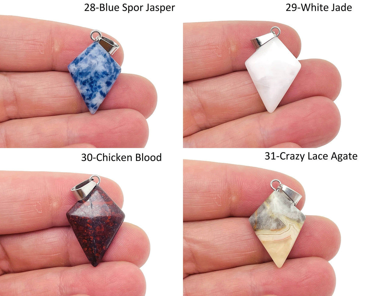 Triangle gemstone pendant by GemstoneGO featuring a geometric design and mixed colorful gemstones on a silver chain