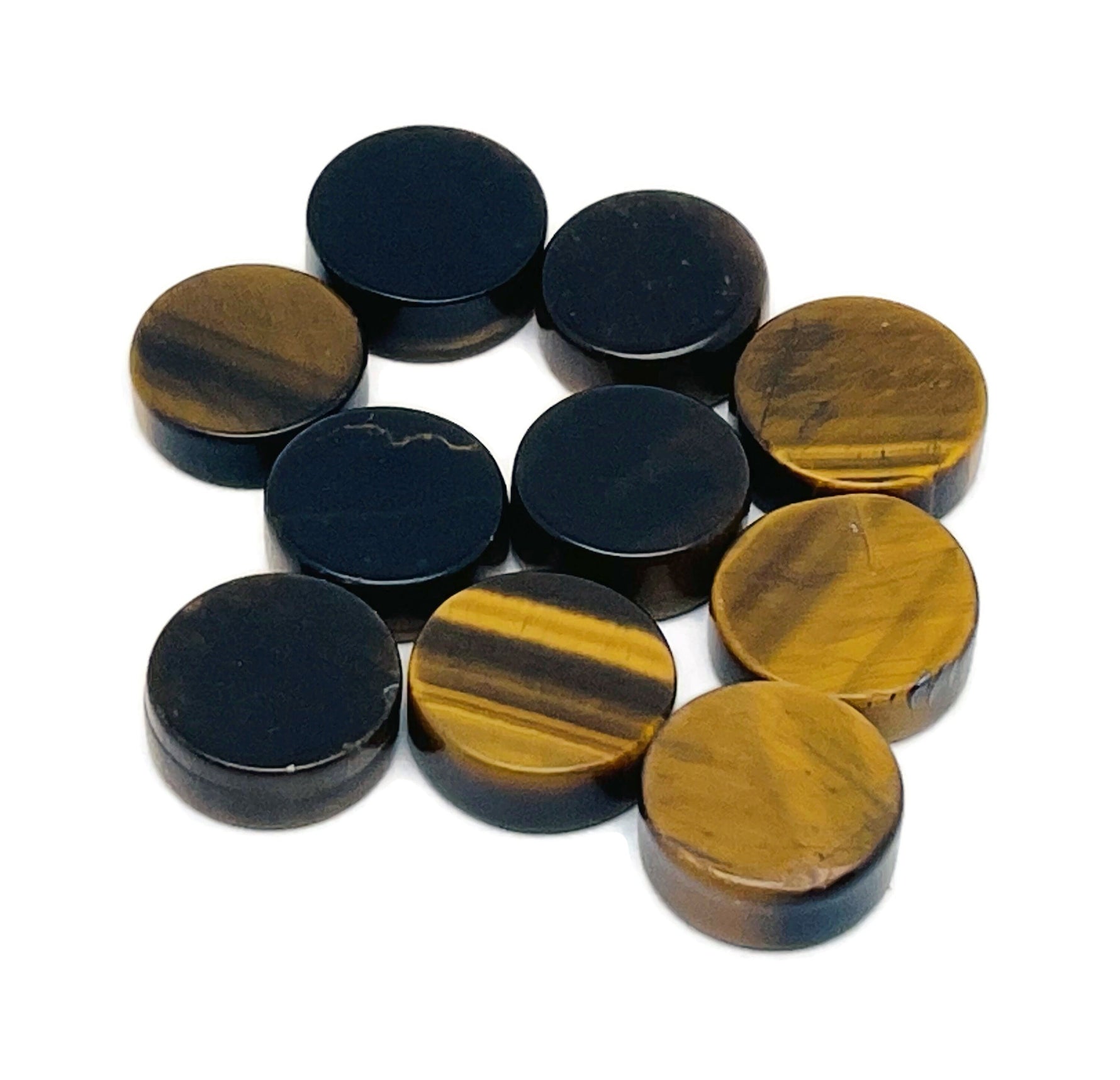 Round Tiger Eye flat gemstone slab from GemstoneGO showing rich brown and golden bands in polished stone.