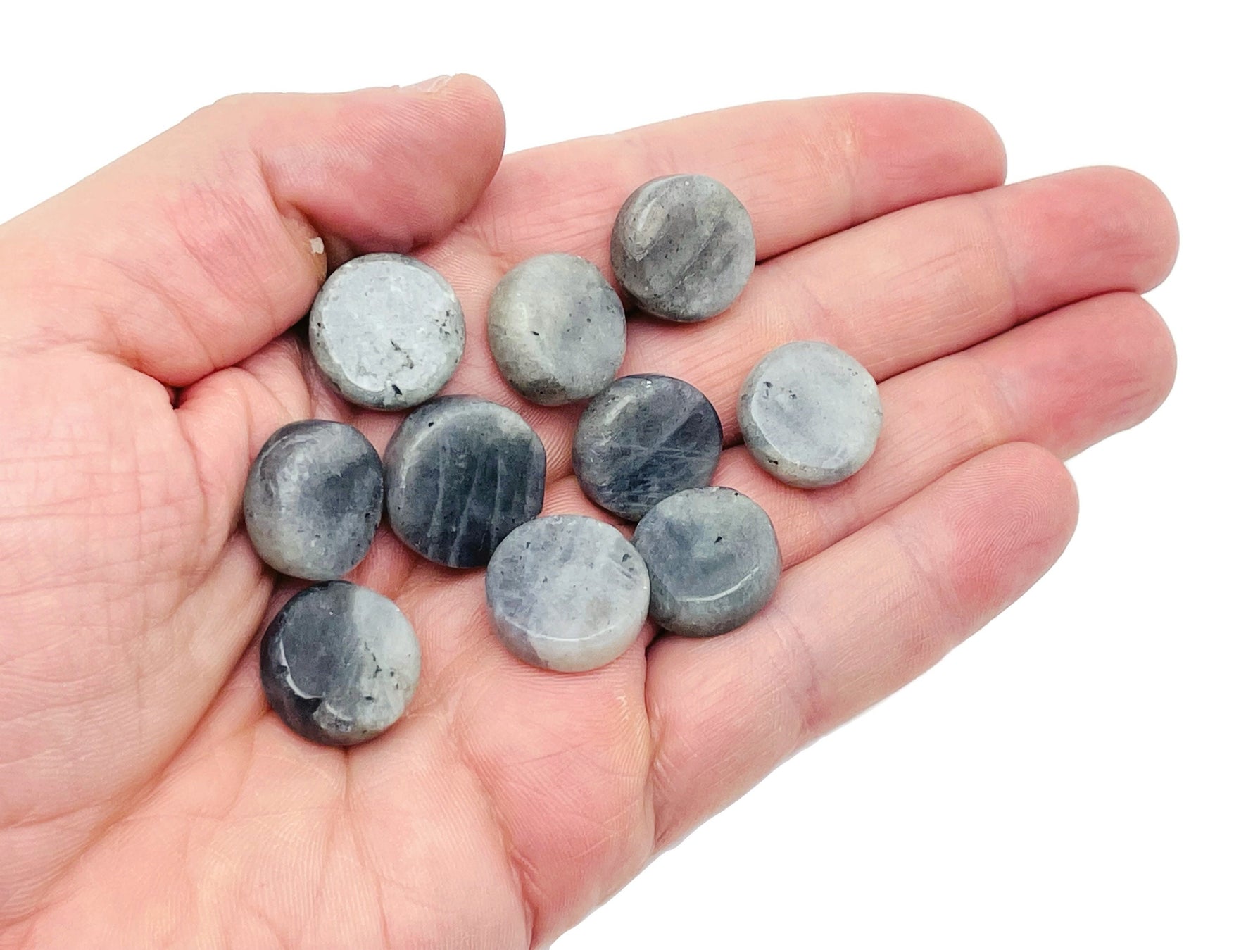 Round Labradorite flat gemstone slab from GemstoneGO showcasing iridescent blue and green flash, smooth polished surface, and natural stone patterns.