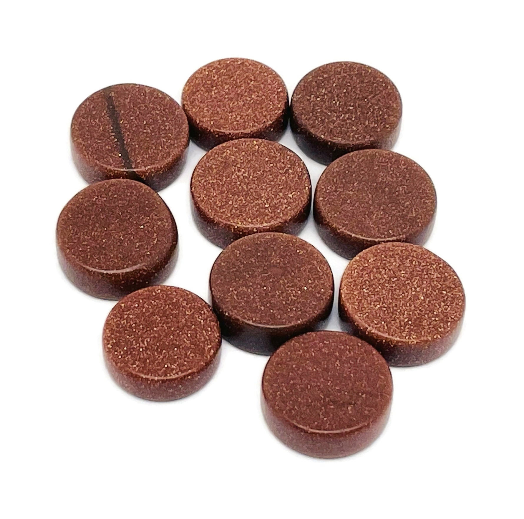 Round Goldstone flat gemstone slab showing shimmering gold flecks and smooth polished surface, ideal for jewelry making or decor.