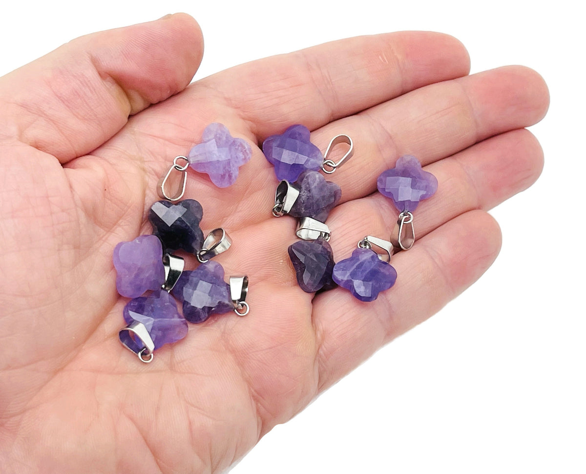 Amethyst four-leaf clover crystal pendant for DIY jewelry making, featuring purple gemstone and silver-tone setting.