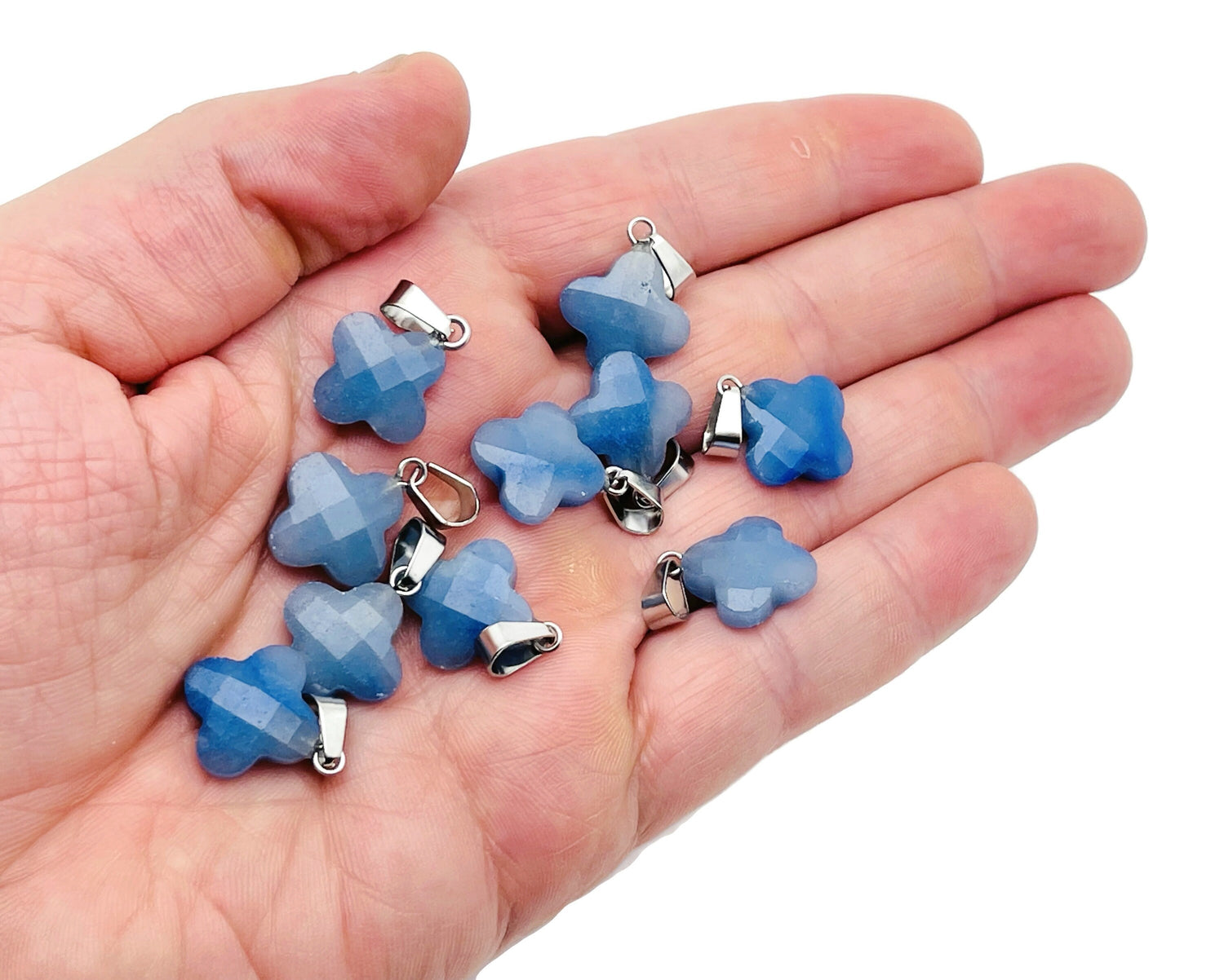 Blue aventurine four-leaf clover crystal pendant with a silver bail, ideal for DIY jewelry making by GemstoneGO.