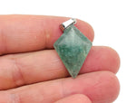 Green strawberry quartz triangle gemstone pendant featuring a geometric design, showcasing vibrant green color and handcrafted details.