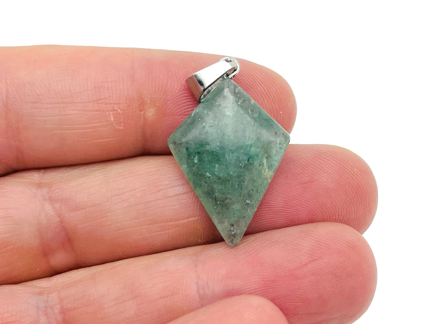Green strawberry quartz triangle gemstone pendant featuring a geometric design, showcasing vibrant green color and handcrafted details.