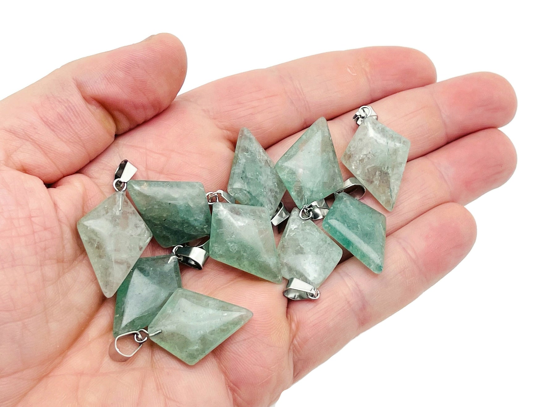 Green strawberry quartz triangle pendant featuring a geometric gemstone design, crafted by GemstoneGO.