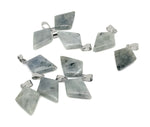 Labradorite triangle gemstone pendant with geometric design, showcasing iridescent blue and green hues on a silver chain.