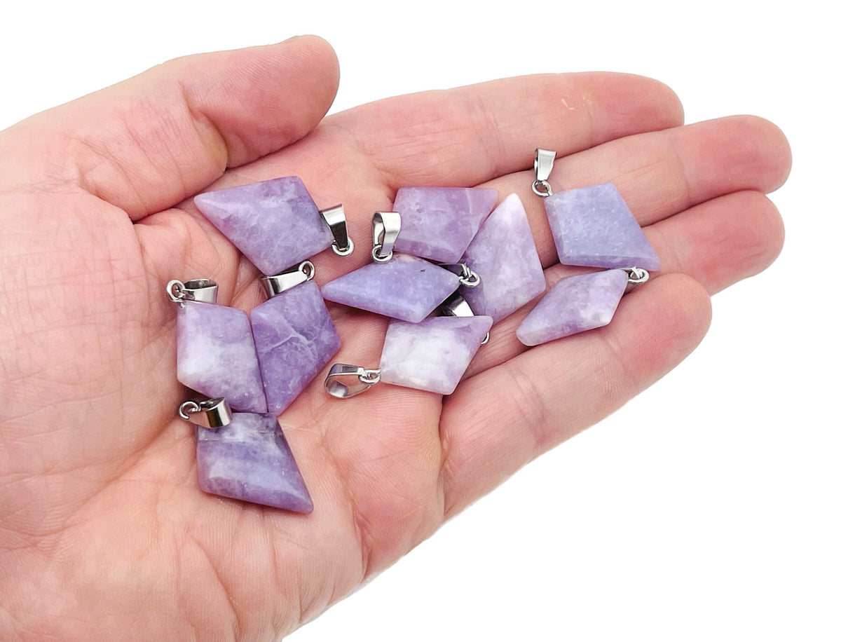 Lepidolite triangle gemstone pendant from GemstoneGO, showcasing a geometric design and purple-lead hues on a chain.