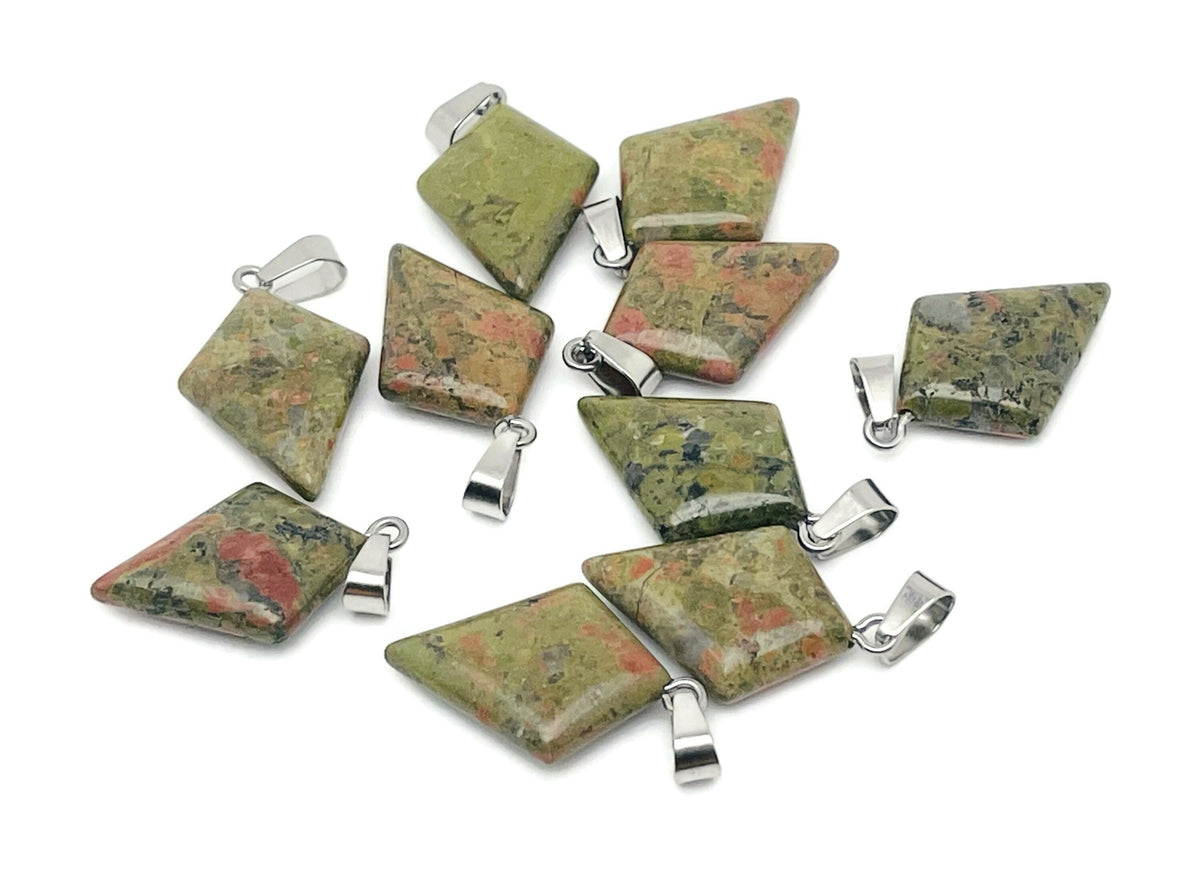 Unakite triangle gemstone pendant from GemstoneGO, featuring a geometric design and vibrant green and pink hues.