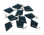 Obsidian triangle gemstone pendant with geometric design, featuring a smooth black gemstone on a silver chain.