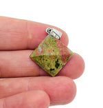Unakite pyramid gemstone pendant from GemstoneGO featuring a natural green and pink stone jewelry piece.