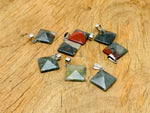 African Bloodstone pyramid gemstone pendant, natural gemstone jewelry featuring a dark green and red bloodstone pyramid shape.