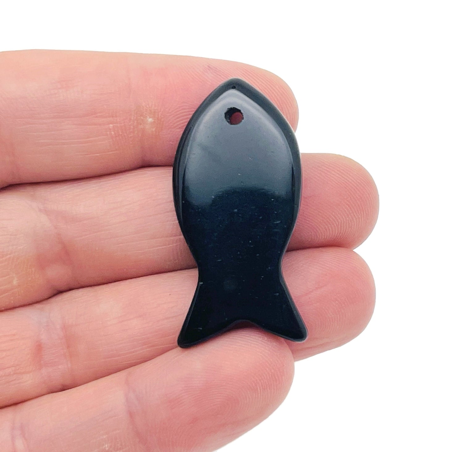 Obsidian Fish Gemstone Pendant - Pisces Zodiac Hole Crystal - NC1390
