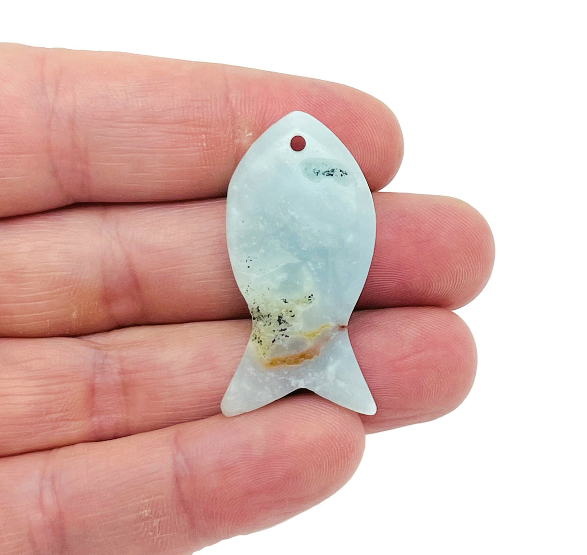 Amazonite fish-shaped gemstone pendant featuring a Pisces zodiac hole crystal by GemstoneGO, showcasing vibrant blue-green colors and detailed design.