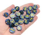 Set of 25 Sodalite crystal rune stones engraved with Elder Futhark runes, part of GemstoneGO's crystal rune set kit.