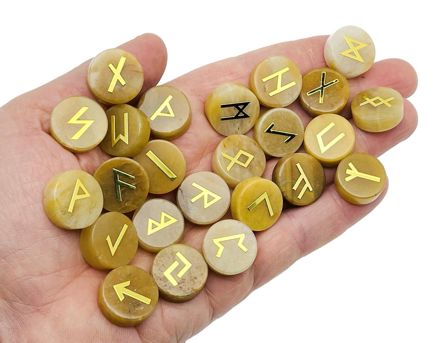 Yellow Jade Crystal Rune Stone - Elder Futhark Alphabet Engraved 25 pcs Runes Set - Crystal Kit - RU1010